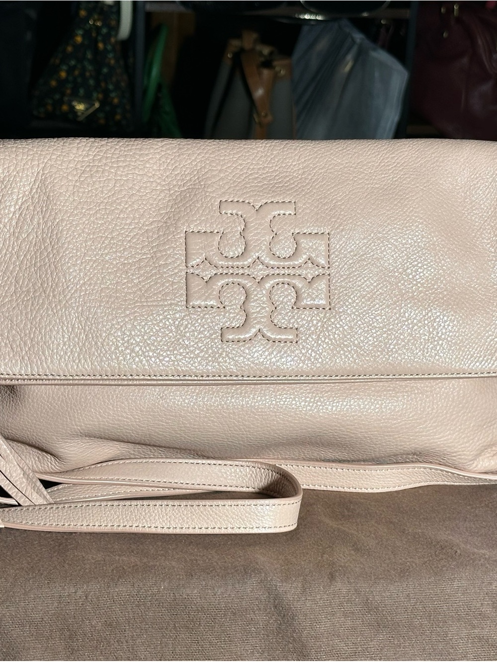 Tory Burch Pebbled Leather Fold-Over Clutch, crossbody in Light Blush